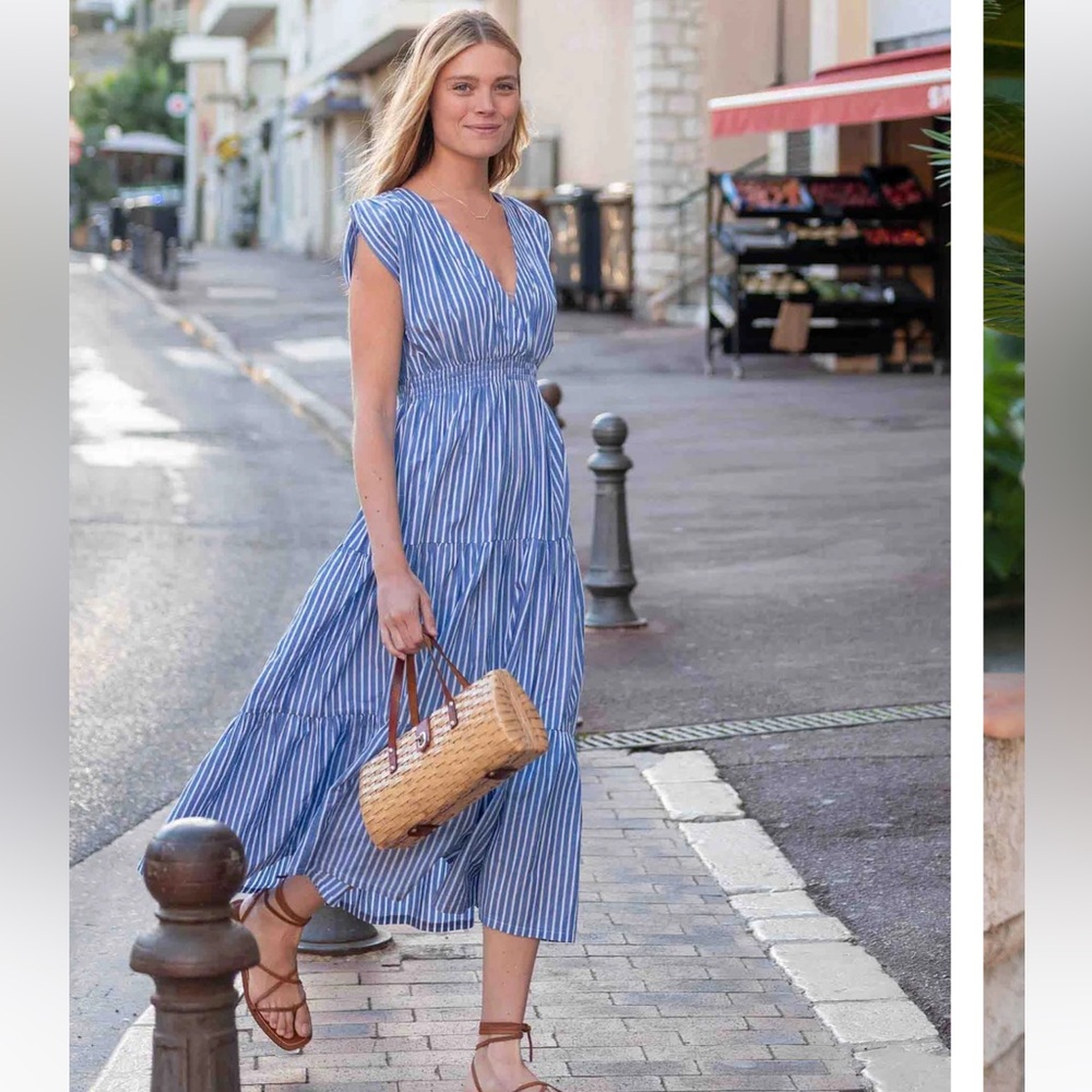 Mersea Cassis Blue Stripe V-Neck Midi Dress size Small